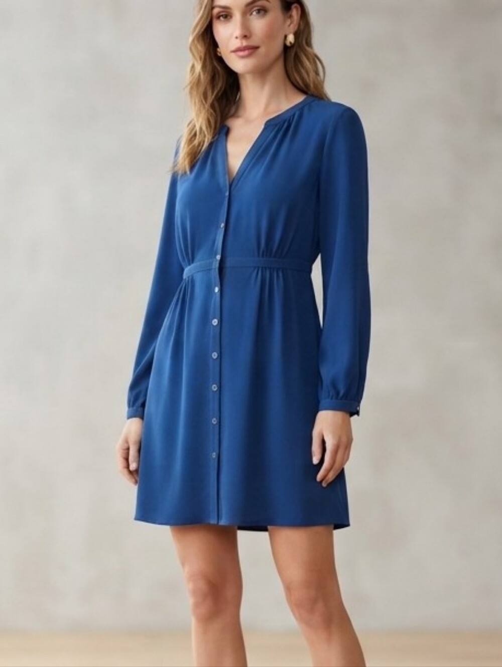 Beautiful H&M Blue Button-Front Long Sleeve Dress Shirtdress Sz 10